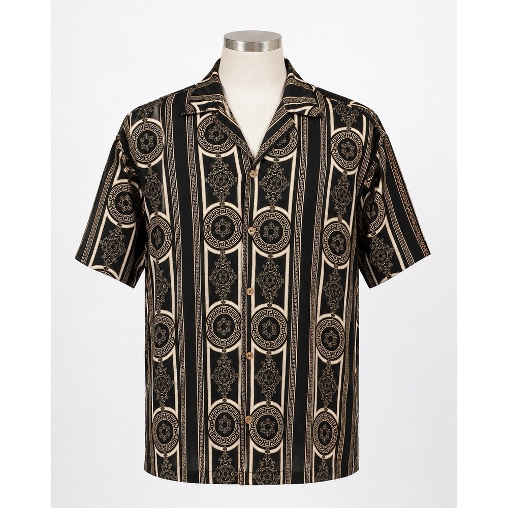 CASAMODA Men's M Black/Beige Geometric Polyester Short Sleeve Collared Shirt